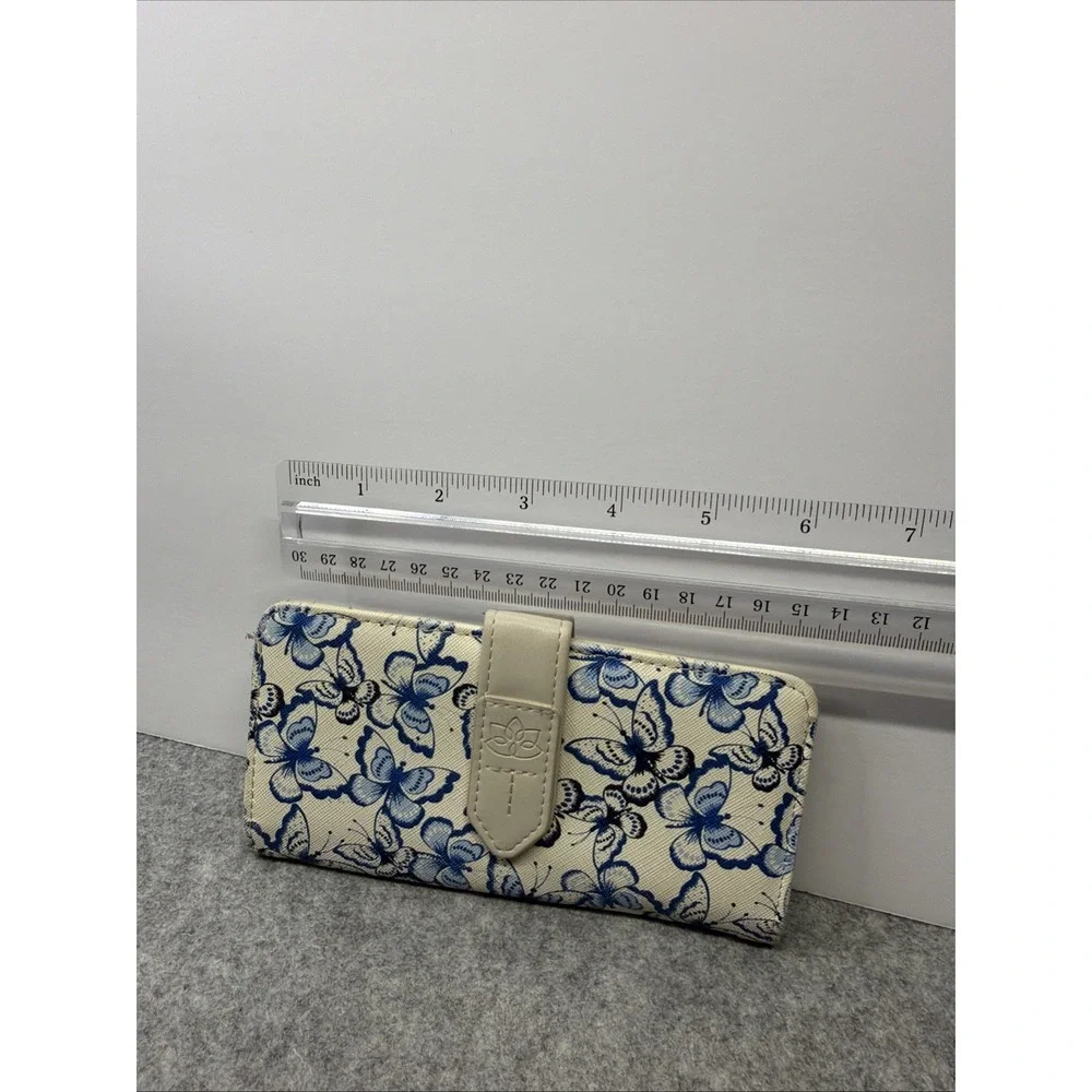 Women's Blue/White Butterfly Print Folding Wallet Wrist Strap Snap Zip Pocket